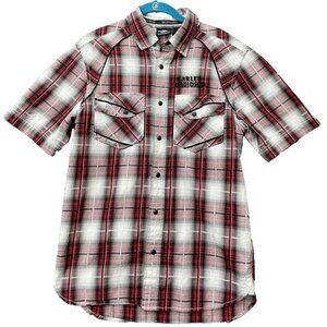 Harley Davidson Shirt Red White Plaid Pearl Snap Men's Western Size Small Button